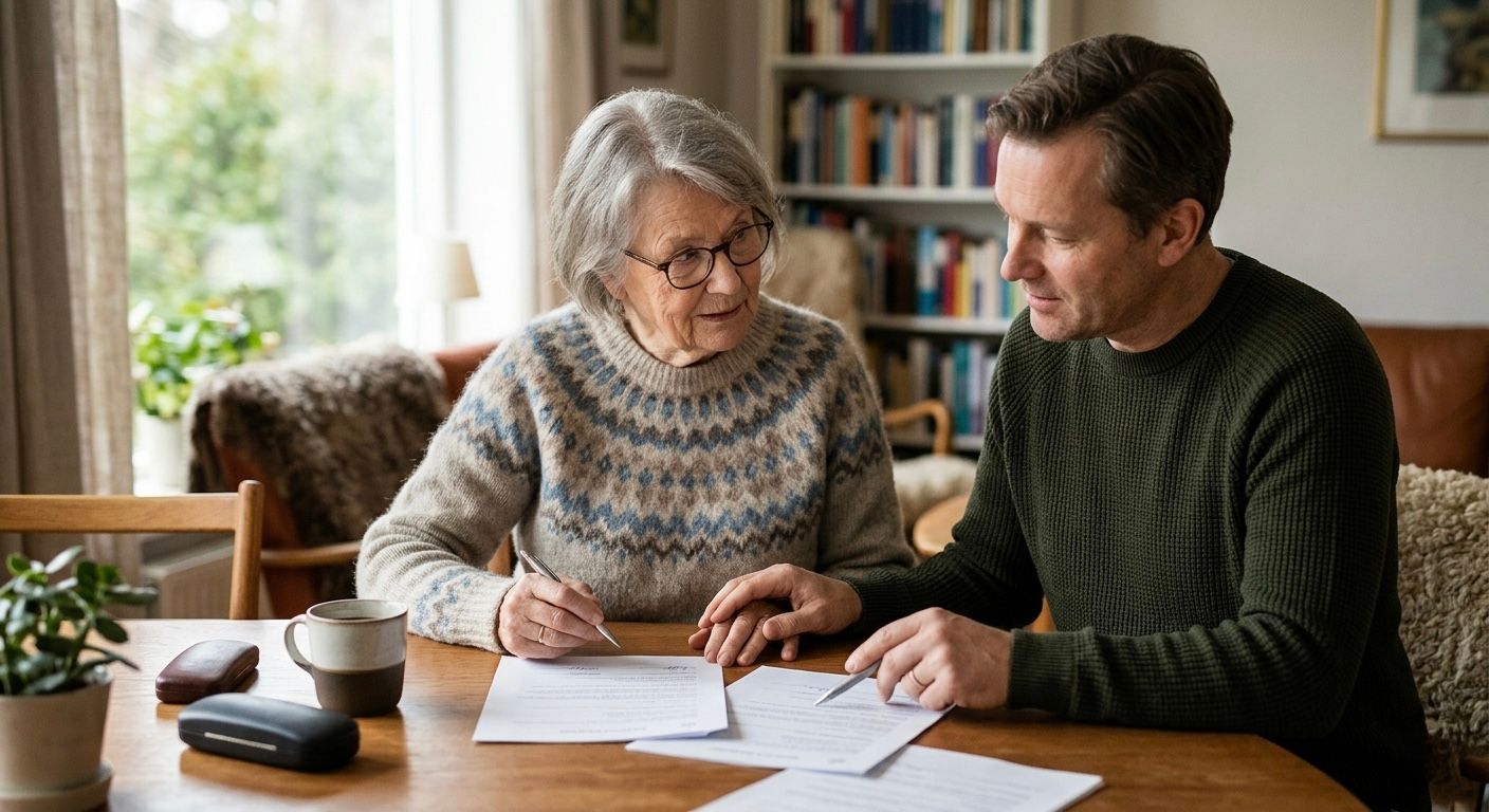 En dement kvinne veiledes av en yngre støttespiller.