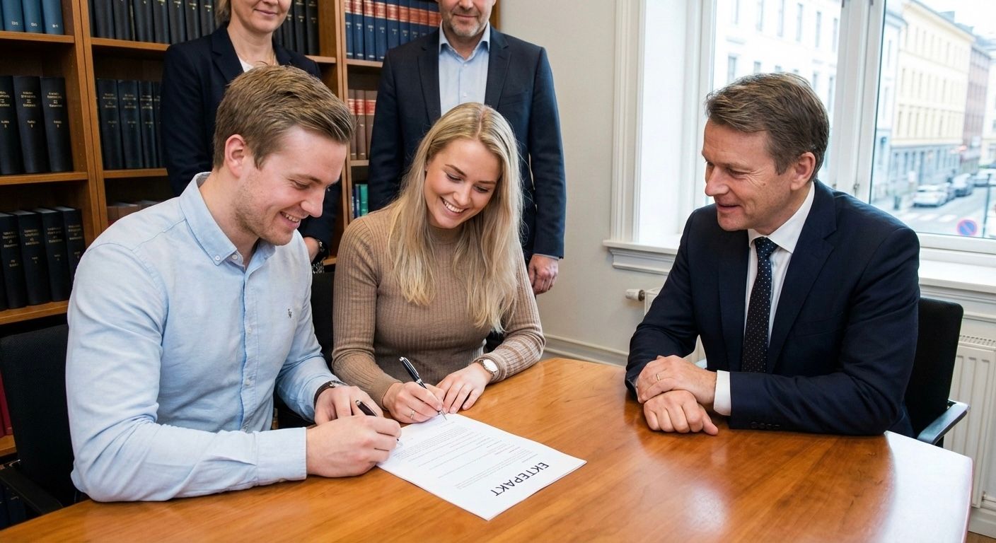 Et ungt par som signerer et dokument sammen på et kontor med to vitner.