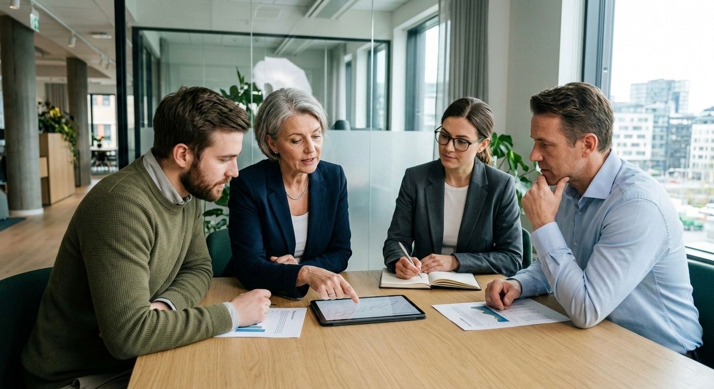 Medarbeidere som drøfter forsvarlig egenkapital og likviditet på et møterom