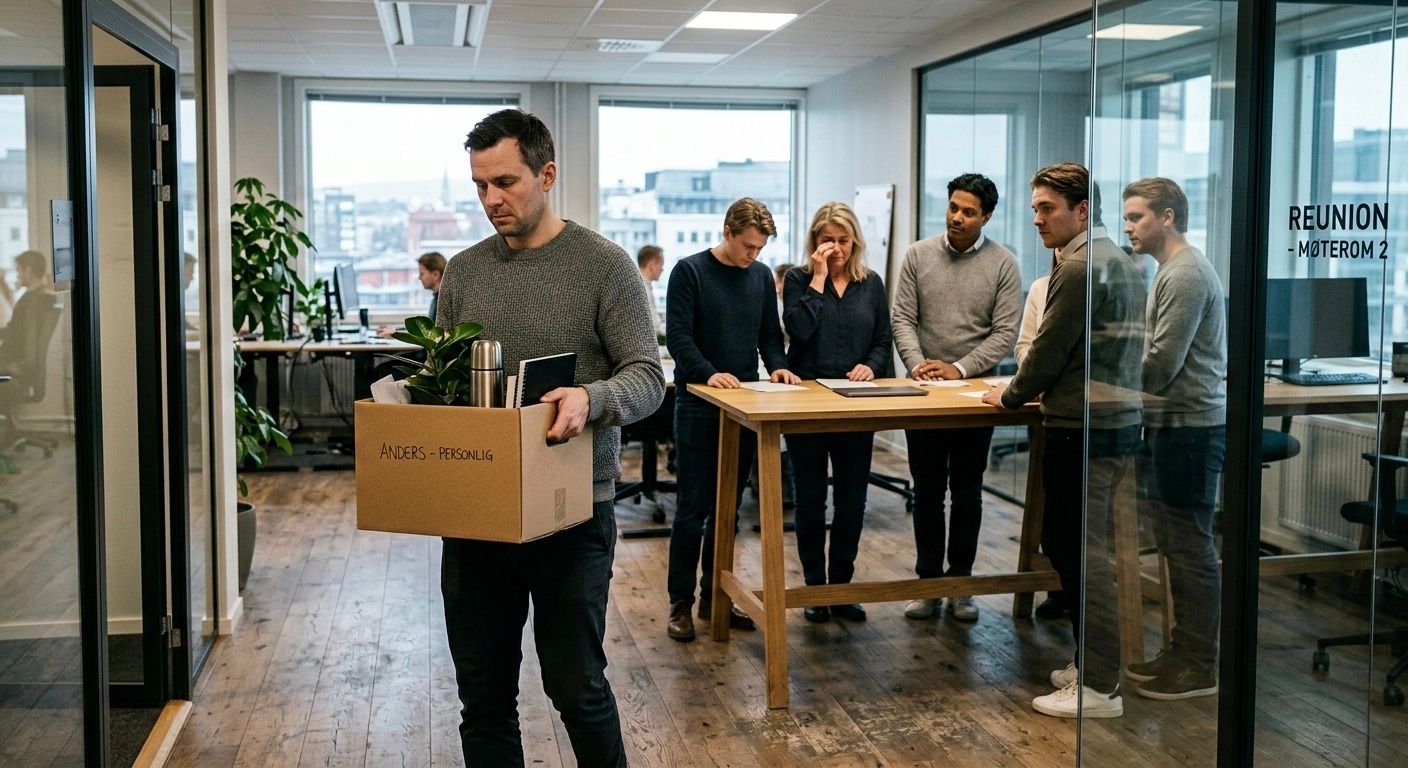 Illustrasjon av en person som bærer en pappeske, og som forlater en gruppe medarbeidere.