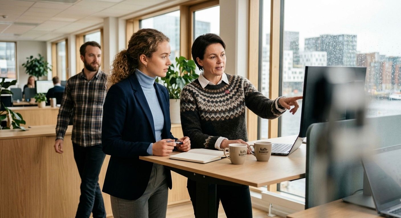 Ansatt under prøvetid får opplæring og instruksjoner av erfaren medarbeider