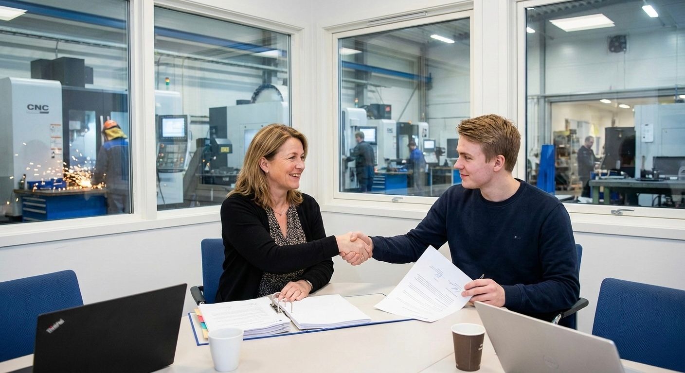 To parter signerer en sluttavtale, som symboliserer en minnelig løsning på avslutning av arbeidsforhold