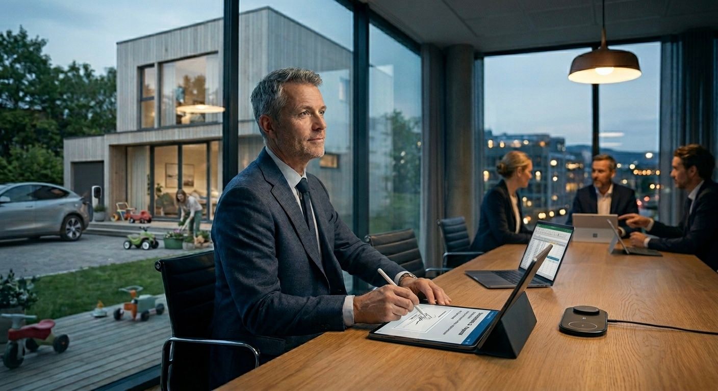 Styremøte der ett av styrets medlemmer har egen bil og bolig i bakgrunnen