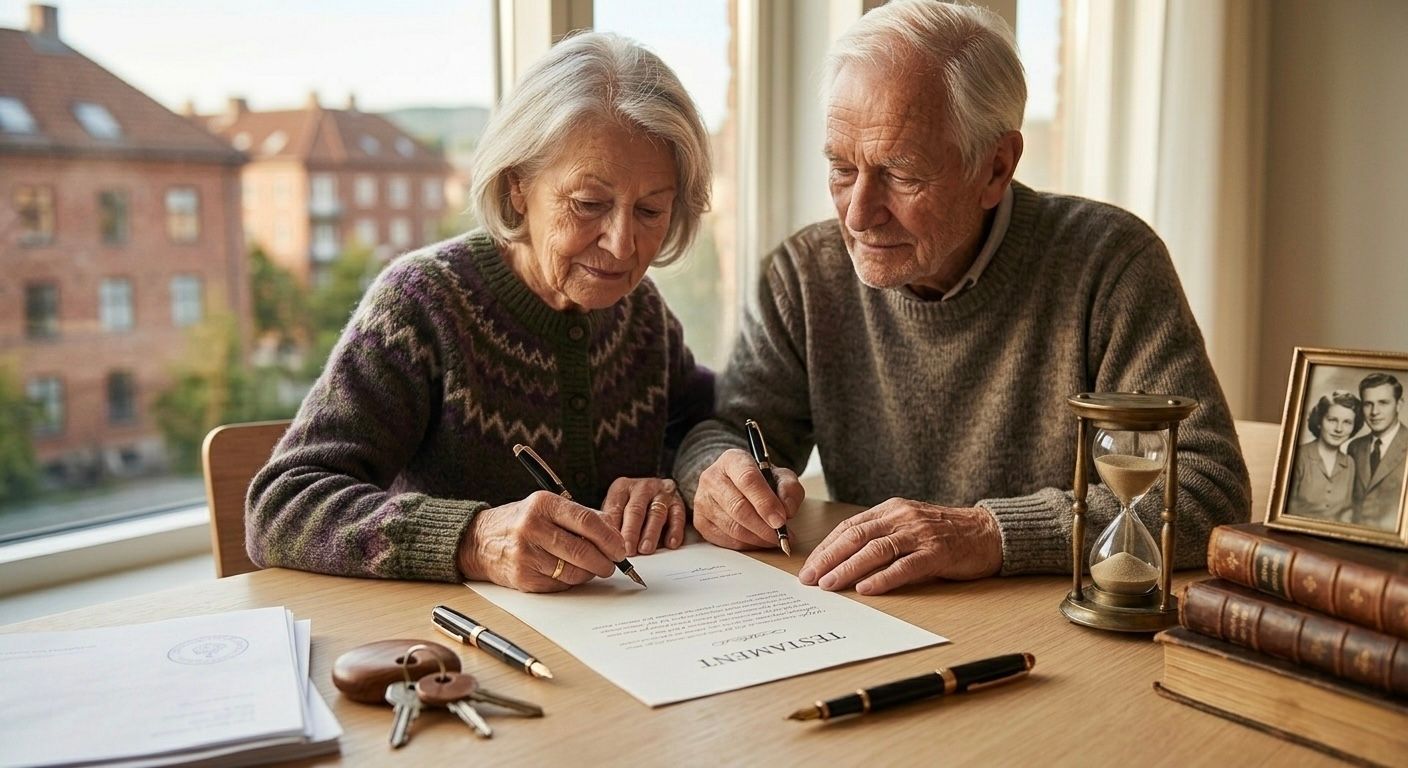 Et eldre ektepar skriver under på testamentariske disposisjoner.