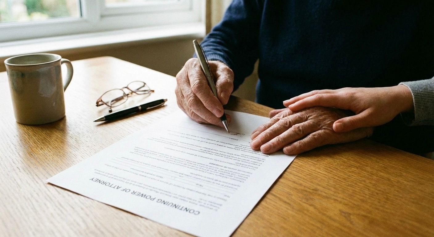 En eldre og en yngre hånd møtes over et dokument som er klargjort for signering.